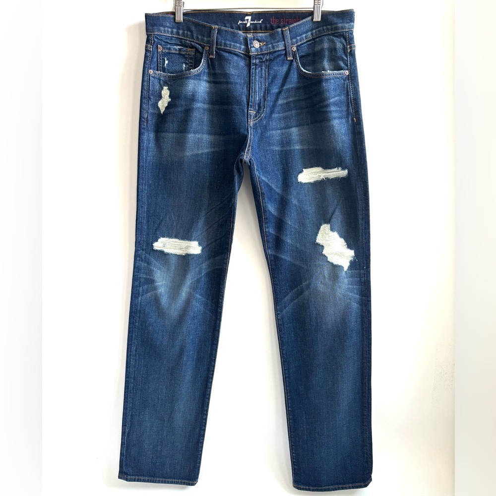 7 For All Mankind The Straight Distressed Blue Denim Jeans Size 36